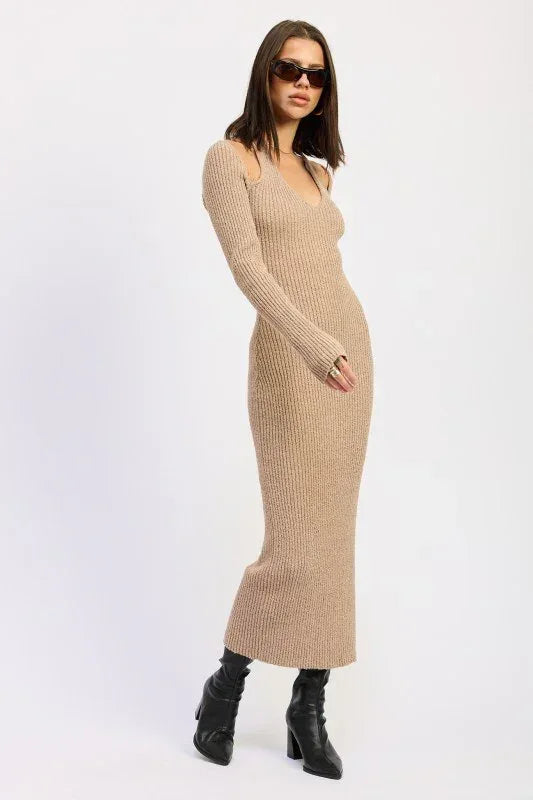 Halter Neck Long Sleeve Midi Dress - DAVERRI FASHIONS