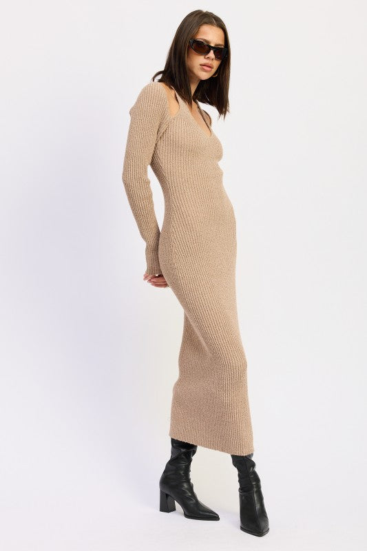 Halter Neck Long Sleeve Midi Dress | Midi Dresses Daverri Fashions