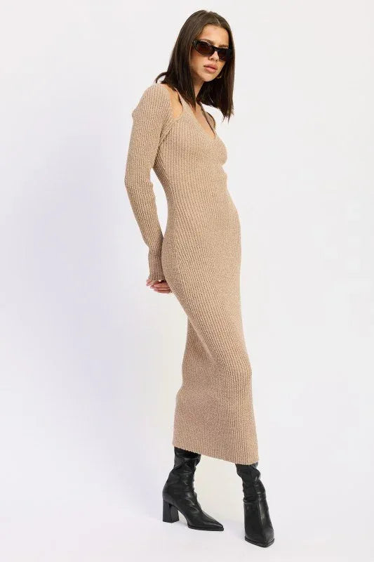 Halter Neck Long Sleeve Midi Dress - DAVERRI FASHIONS