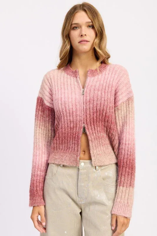 Ribbed Cardigan with Double Zipper - DAVERRI FASHIONS