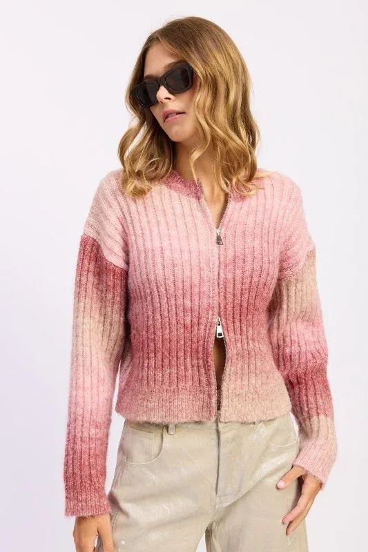 Ribbed Cardigan with Double Zipper - DAVERRI FASHIONS
