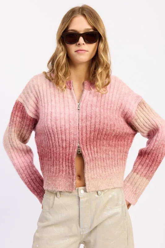 Ribbed Cardigan with Double Zipper - DAVERRI FASHIONS