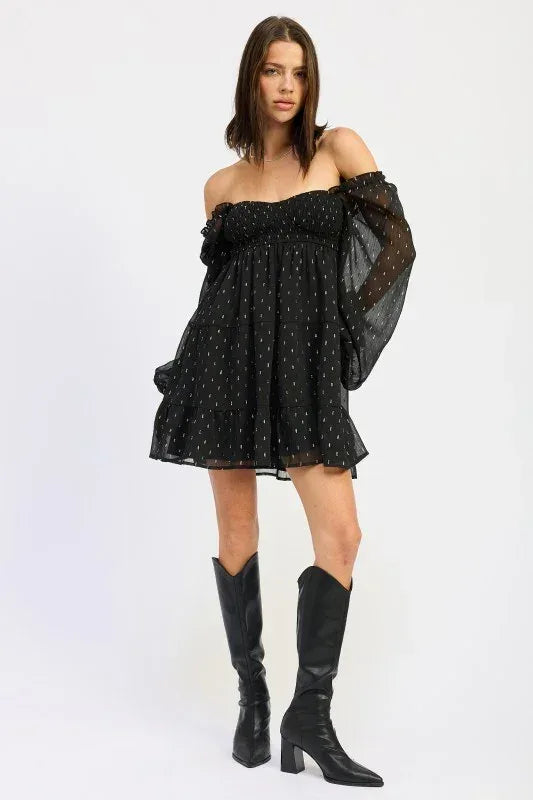 Long Sleeve Smocked Babydoll Mini Dress - DAVERRI FASHIONS