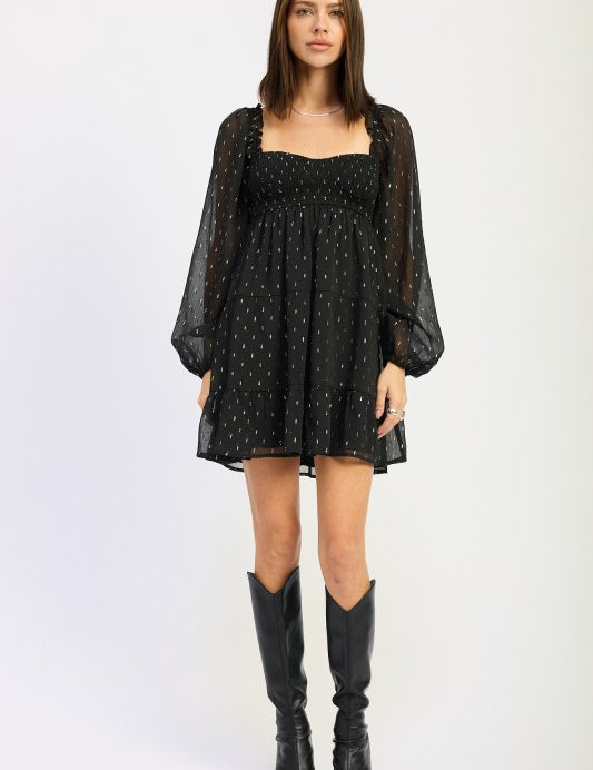 BLACK Long Sleeve Smocked Babydoll Mini Dress | Babydoll Dresses Daverri Fashions