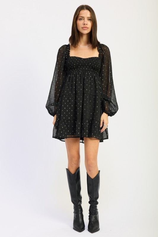 BLACK Long Sleeve Smocked Babydoll Mini Dress | Babydoll Dresses Daverri Fashions