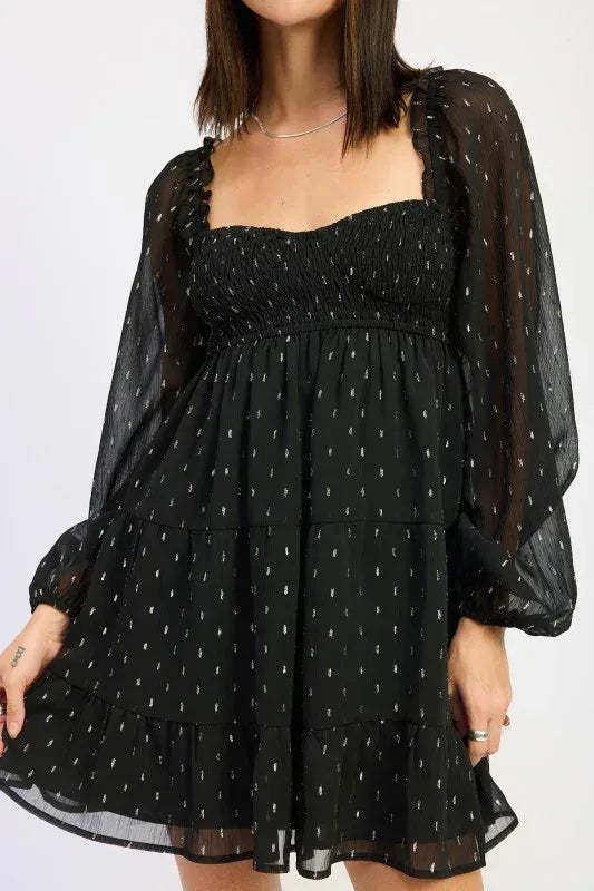 Long Sleeve Smocked Babydoll Mini Dress - DAVERRI FASHIONS
