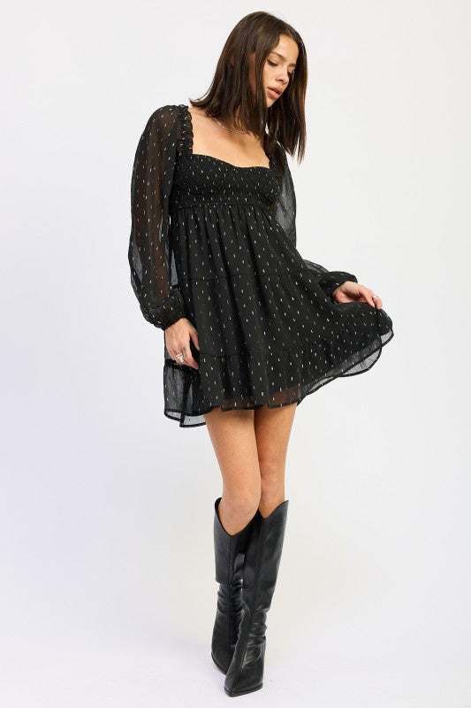 Long Sleeve Smocked Babydoll Mini Dress | Babydoll Dresses Daverri Fashions