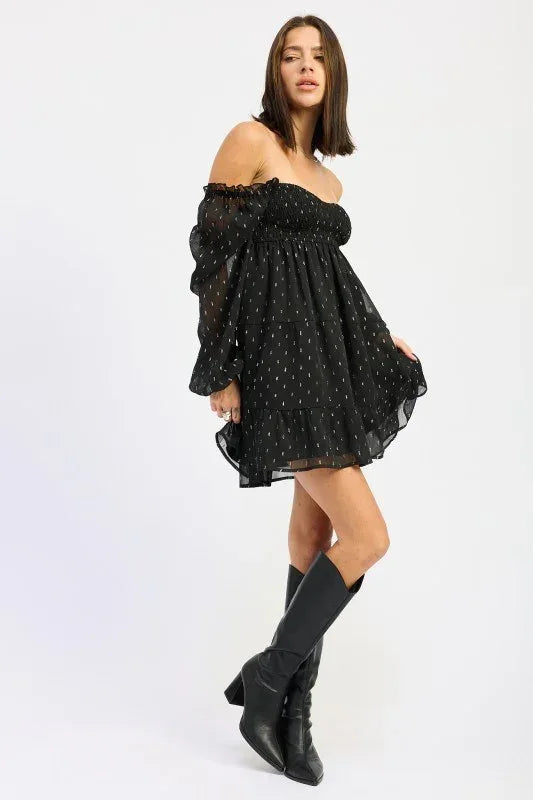 Long Sleeve Smocked Babydoll Mini Dress - DAVERRI FASHIONS