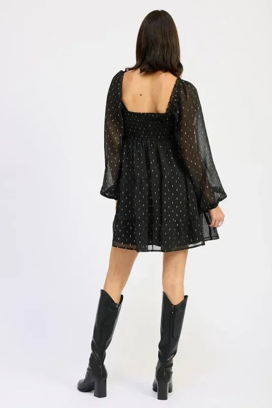 Long Sleeve Smocked Babydoll Mini Dress - DAVERRI FASHIONS