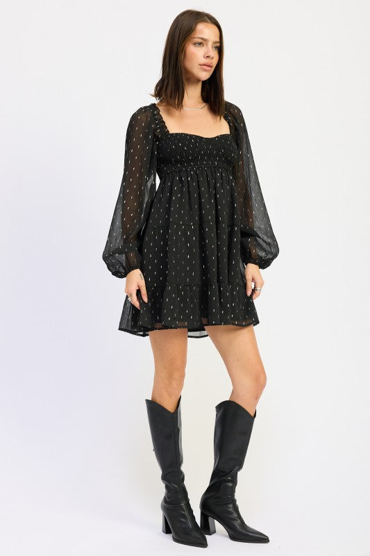 Long Sleeve Smocked Babydoll Mini Dress | Babydoll Dresses Daverri Fashions