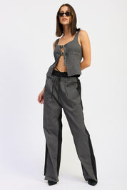 GREY PINSTRIPE Loose Fit Mix Media Pants | Pants Daverri Fashions