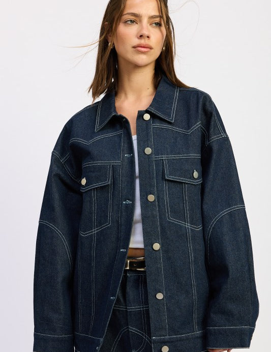 DARK DENIM Oversized Twill Button Up Jacket | Jackets Daverri Fashions