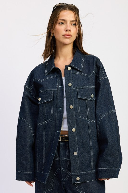 DARK DENIM Oversized Twill Button Up Jacket | Jackets Daverri Fashions