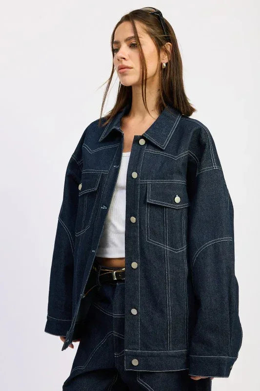 Oversized Twill Button Up Jacket - DAVERRI FASHIONS