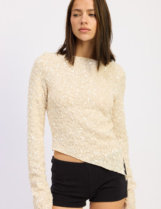 IVORY ASYMMETRICAL SEQUIN TOP | Daverri Fashions