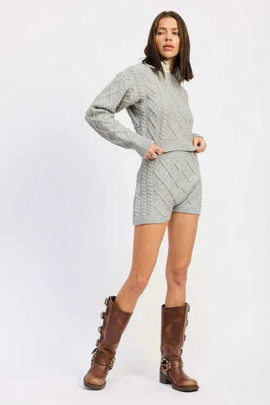 Cable Knit Cropped Sweater Grey - DAVERRI FASHIONS