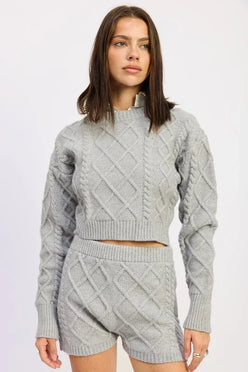 Cable Knit Cropped Sweater Grey - DAVERRI FASHIONS