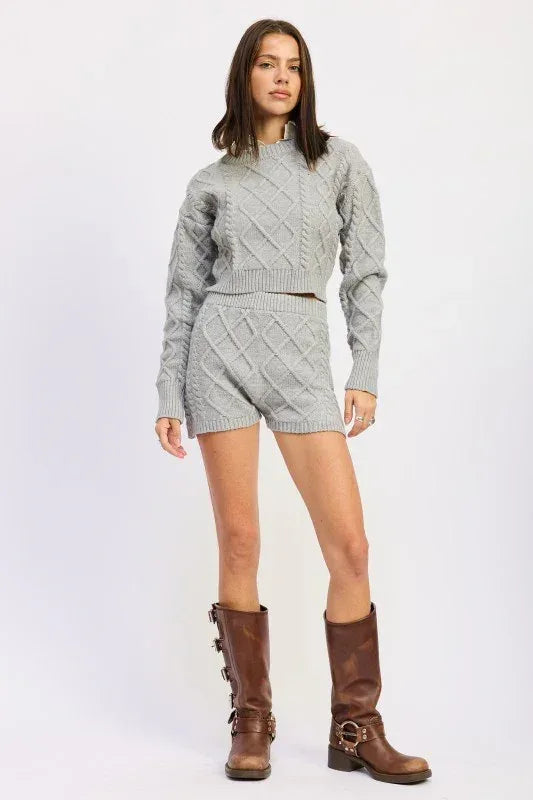 Cable Knit Cropped Sweater Grey - DAVERRI FASHIONS