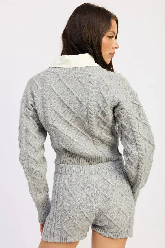Cable Knit Cropped Sweater Grey - DAVERRI FASHIONS