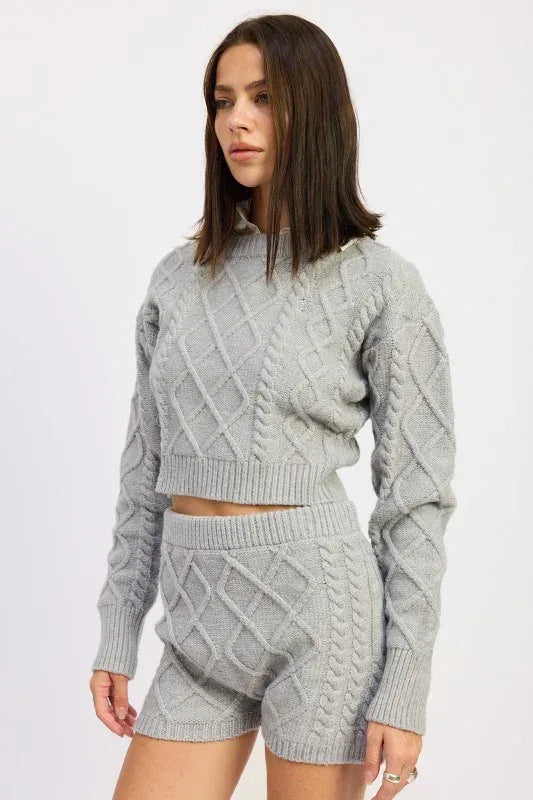Cable Knit Cropped Sweater Grey - DAVERRI FASHIONS