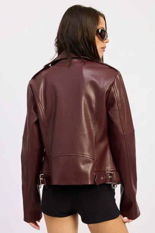 Faux Leather Biker Jacket - DAVERRI FASHIONS