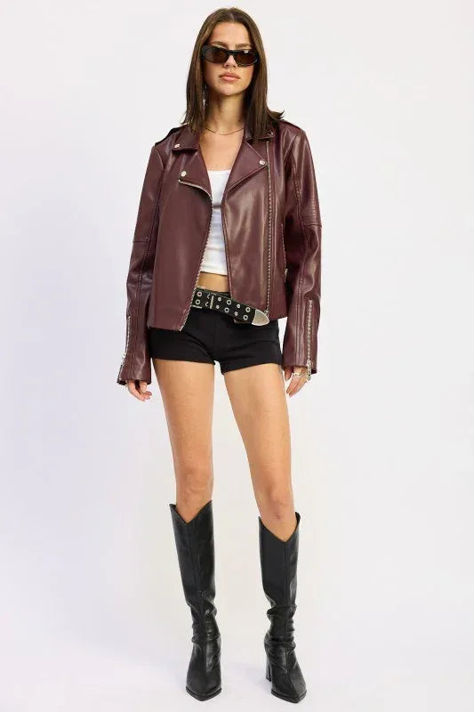 Faux Leather Biker Jacket - DAVERRI FASHIONS