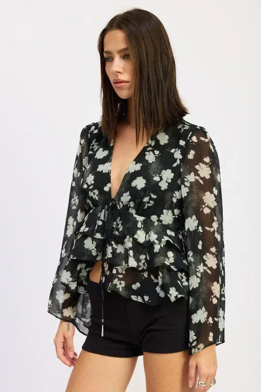 FLORAL TIE FRONT RUFFLED BLOUSE - DAVERRI FASHIONS