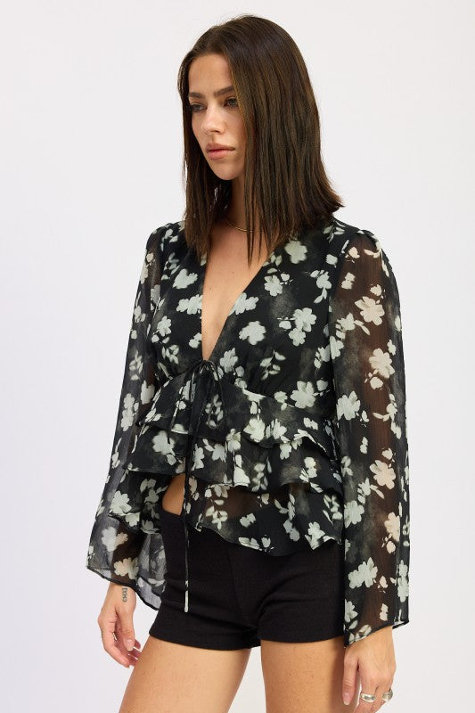 FLORAL TIE FRONT RUFFLED BLOUSE | Blouses Daverri Fashions
