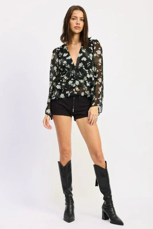 FLORAL TIE FRONT RUFFLED BLOUSE - DAVERRI FASHIONS