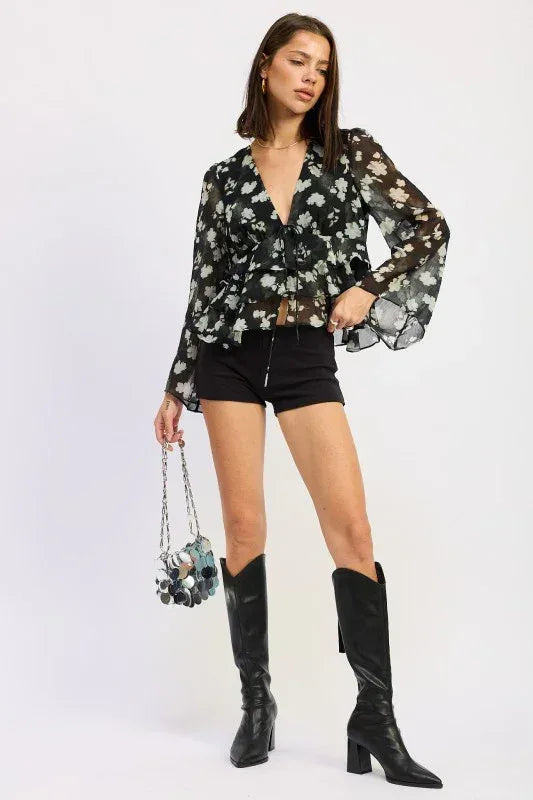 FLORAL TIE FRONT RUFFLED BLOUSE - DAVERRI FASHIONS