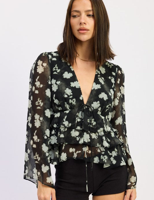 BLACK FLORAL TIE FRONT RUFFLED BLOUSE | Blouses Daverri Fashions