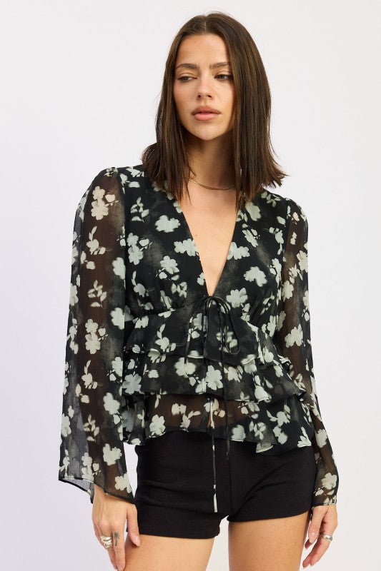 BLACK FLORAL TIE FRONT RUFFLED BLOUSE | Blouses Daverri Fashions