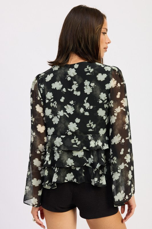 FLORAL TIE FRONT RUFFLED BLOUSE | Blouses Daverri Fashions