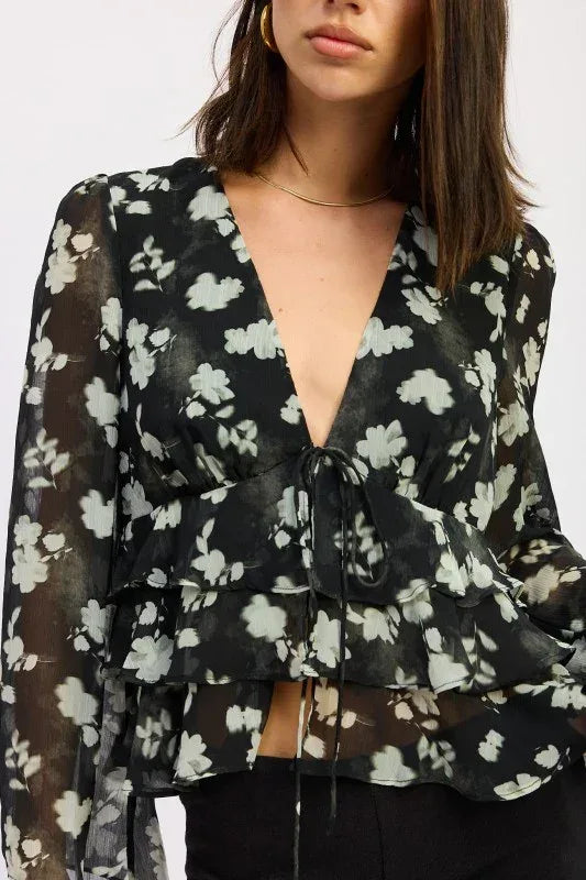 FLORAL TIE FRONT RUFFLED BLOUSE - DAVERRI FASHIONS