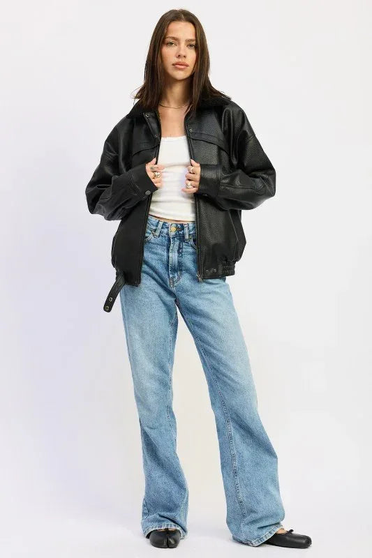 Shearling Collar Vegan Leather Jacket - DAVERRI FASHIONS