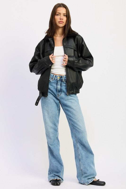 Shearling Collar Vegan Leather Jacket | Jackets Daverri Fashions