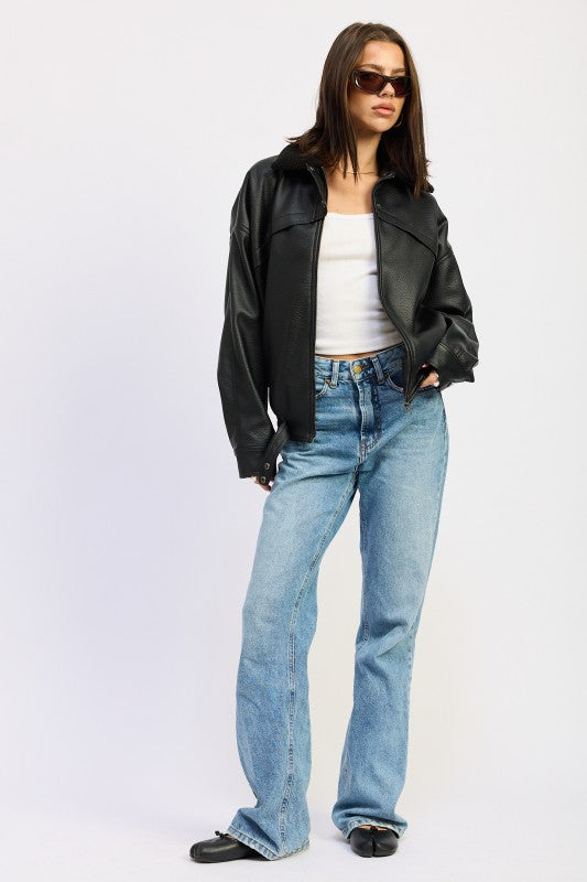 Shearling Collar Vegan Leather Jacket | Jackets Daverri Fashions