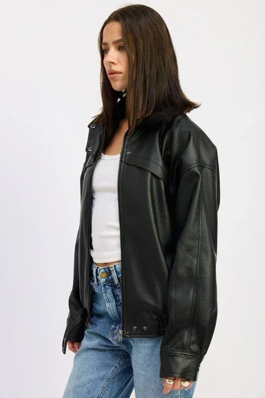Shearling Collar Vegan Leather Jacket - DAVERRI FASHIONS