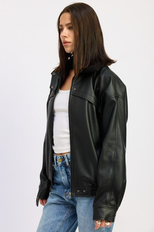 Shearling Collar Vegan Leather Jacket | Jackets Daverri Fashions
