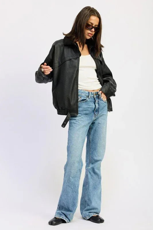 Shearling Collar Vegan Leather Jacket - DAVERRI FASHIONS