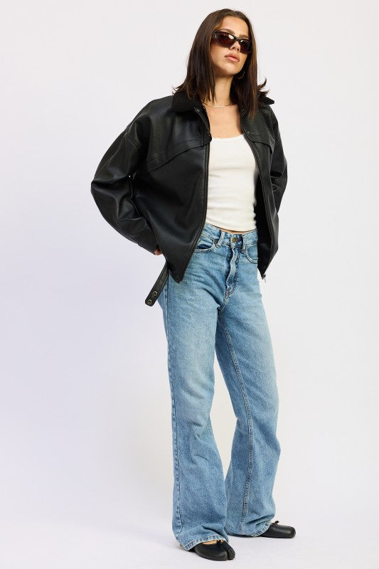 Shearling Collar Vegan Leather Jacket | Jackets Daverri Fashions