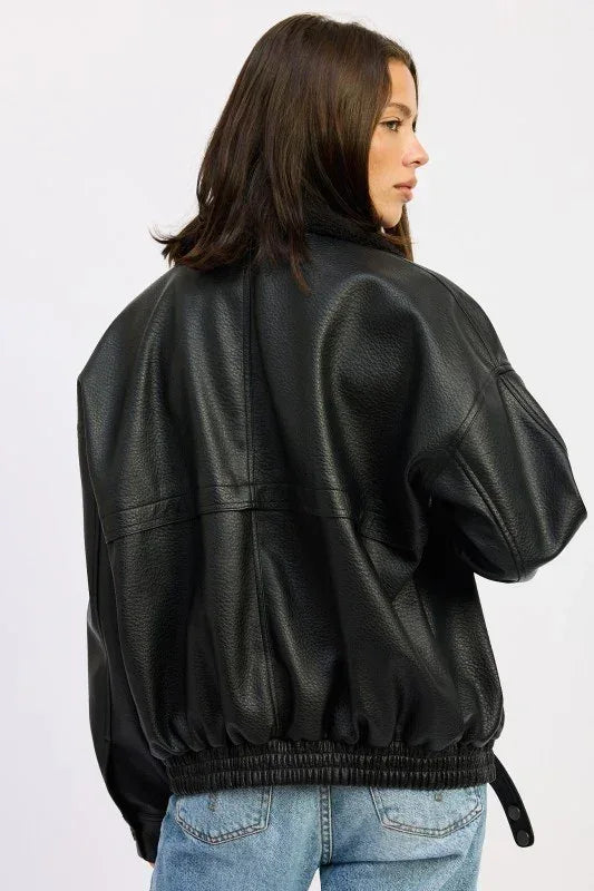 Shearling Collar Vegan Leather Jacket - DAVERRI FASHIONS