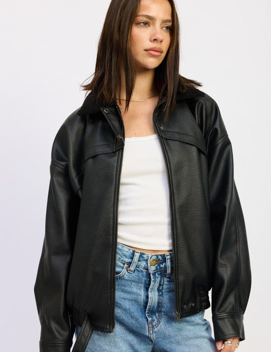 BLACK Shearling Collar Vegan Leather Jacket | Jackets Daverri Fashions