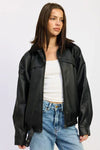 Shearling Collar Vegan Leather Jacket - DAVERRI FASHIONS