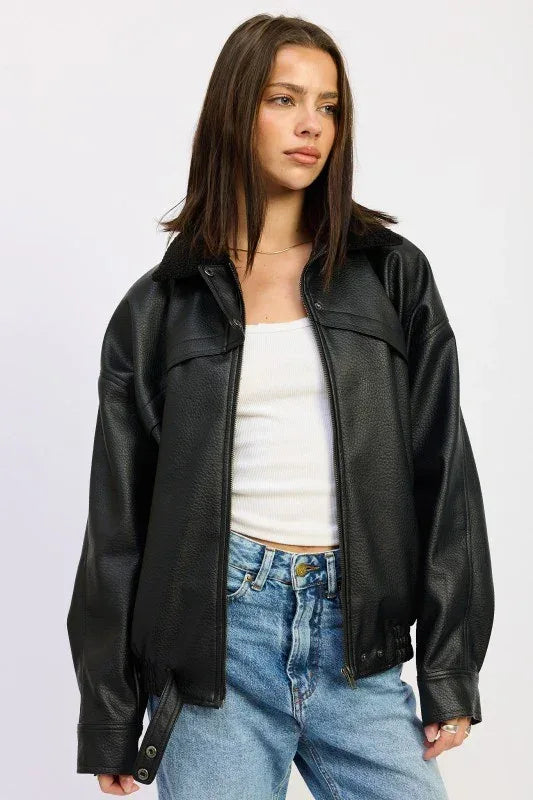 Shearling Collar Vegan Leather Jacket - DAVERRI FASHIONS