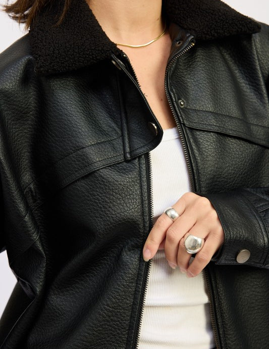 Shearling Collar Vegan Leather Jacket | Jackets Daverri Fashions
