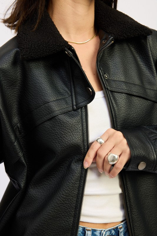 Shearling Collar Vegan Leather Jacket | Jackets Daverri Fashions