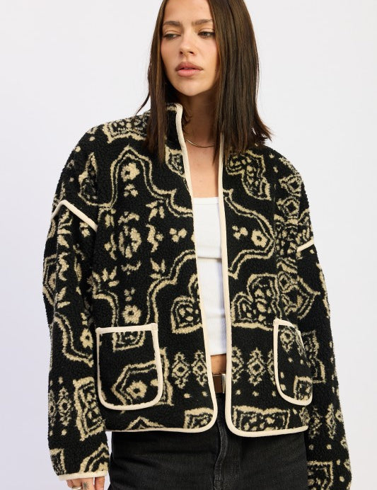 BLACK TAUPE Paisley Sherpa Jacket | Jackets Daverri Fashions