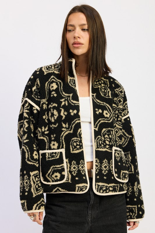 BLACK TAUPE Paisley Sherpa Jacket | Jackets Daverri Fashions