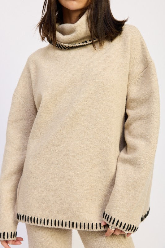 Oversized Turtle Neck Sweater with Stitching | Sweaters Daverri Fashions
